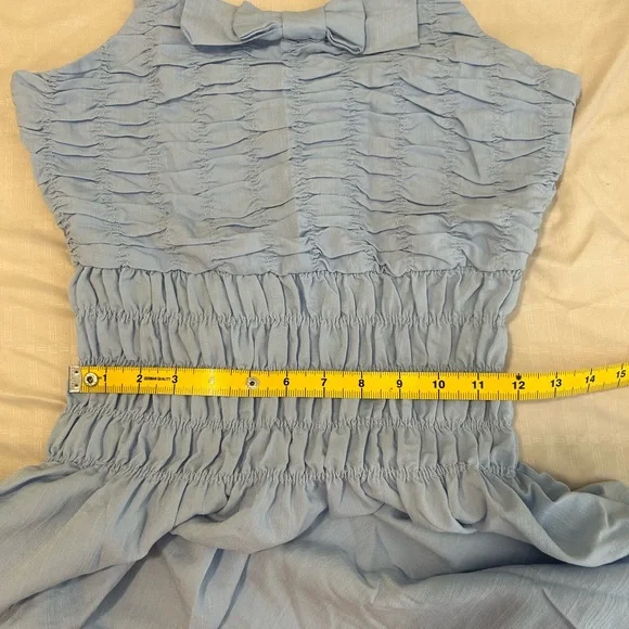 🩵EUC Simple Retro Light Blue Smocked Maxi Dress with Bow Detail size M Vintage - Picture 11 of 15
